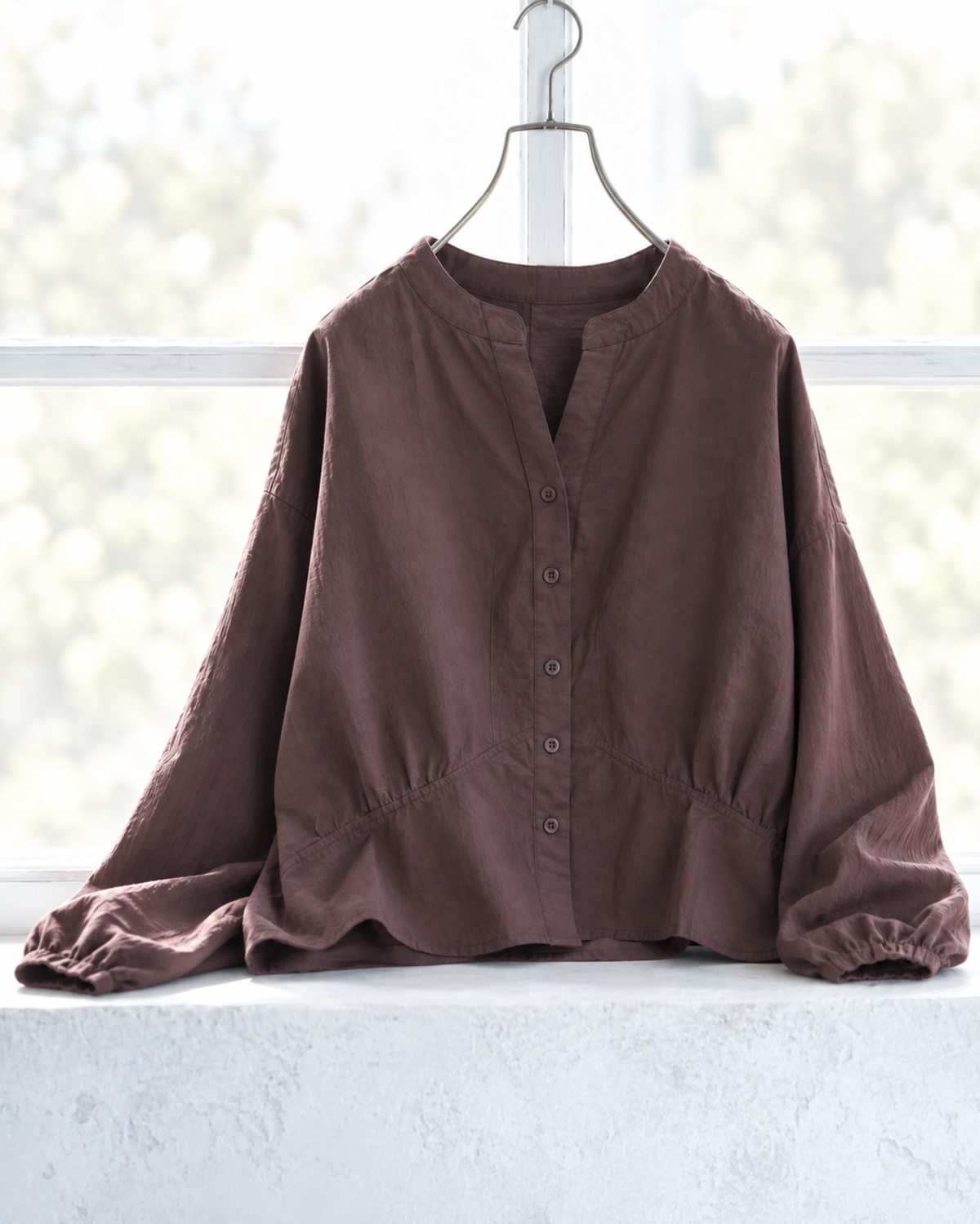 S~XL スタンドカラー ウエストシェイプ バルーンスリーブブラウス