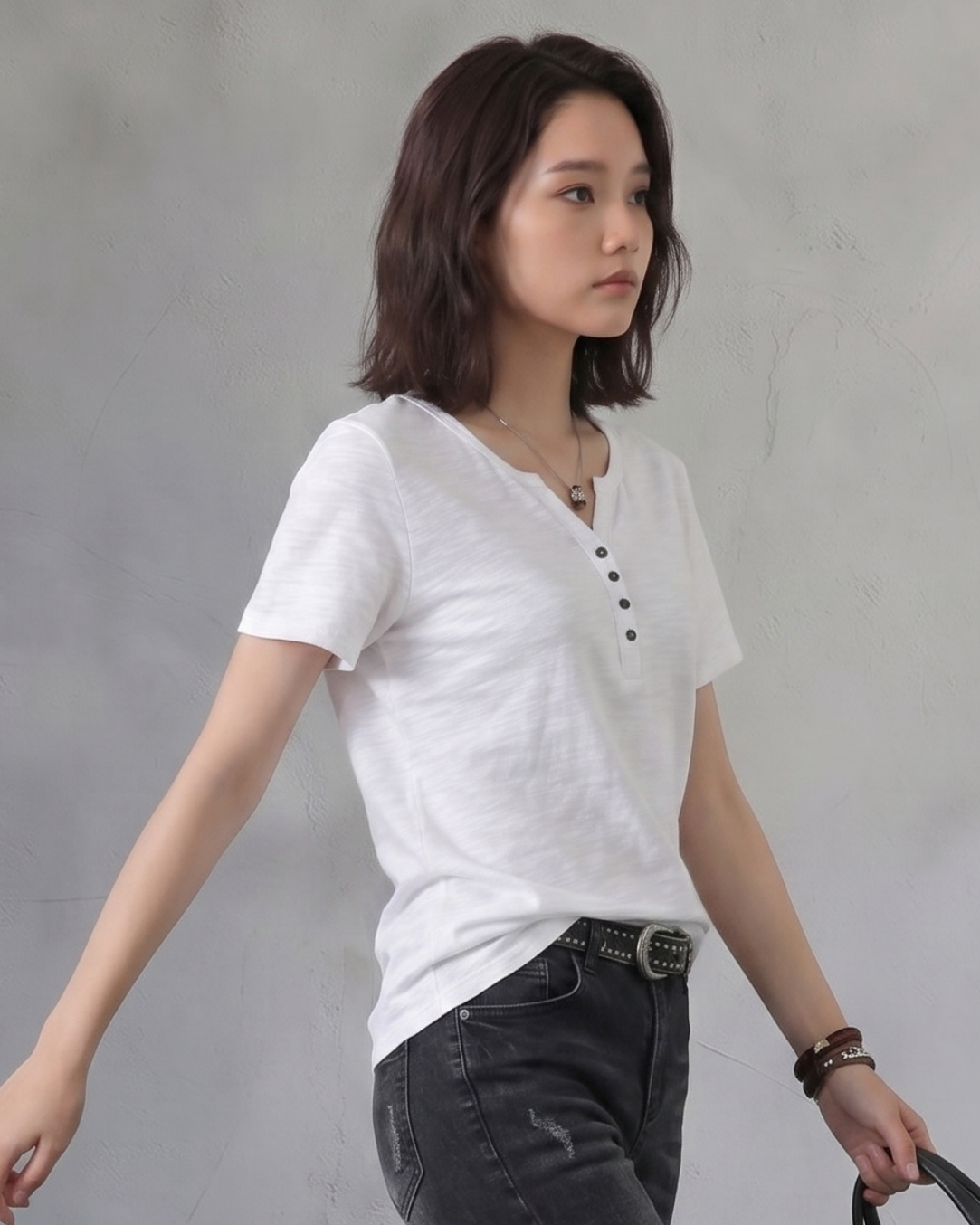 深V前立てボタン付き すっきり細見え 半袖Tシャツ