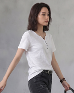 深V前立てボタン付き すっきり細見え 半袖Tシャツ