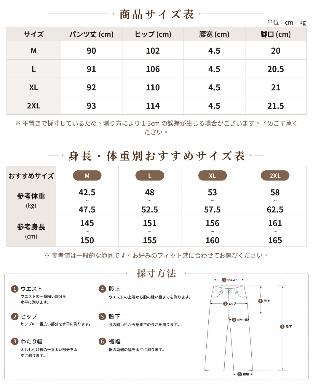 M~2XL 【全6色】ハイウエスト ウエストゴム ストレート キャロットパンツ size chart 1