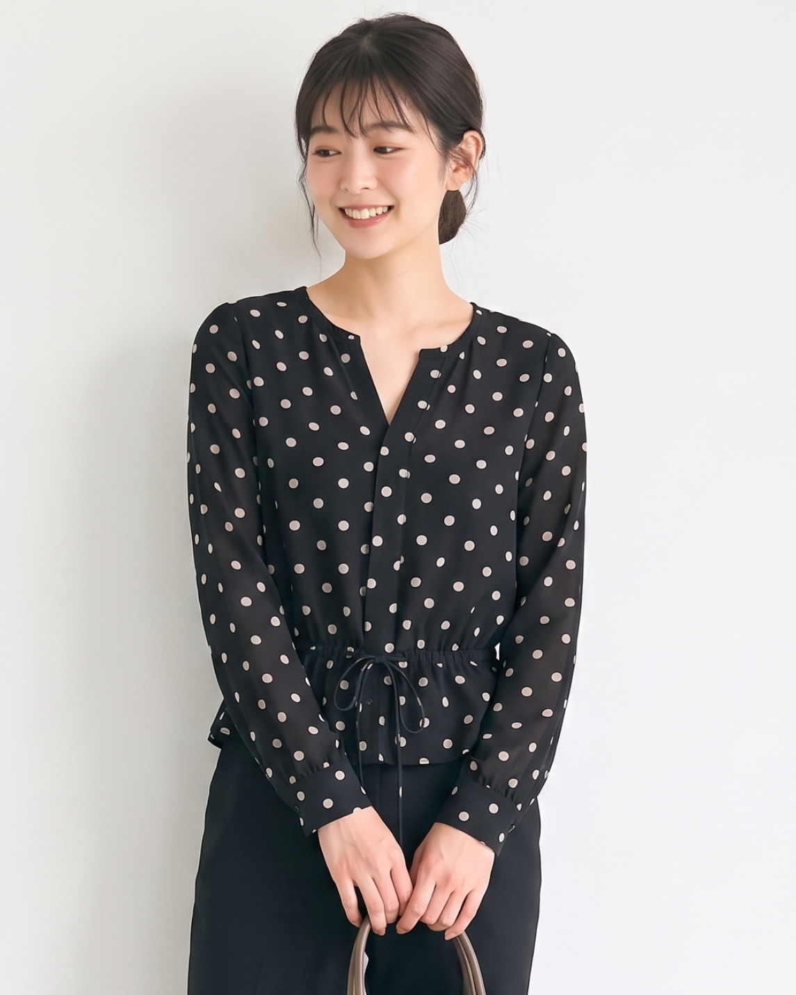 L~4XL ブラックドット ウエストマークブラウス
