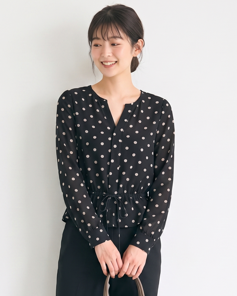 L~4XL ブラックドット ウエストマークブラウス