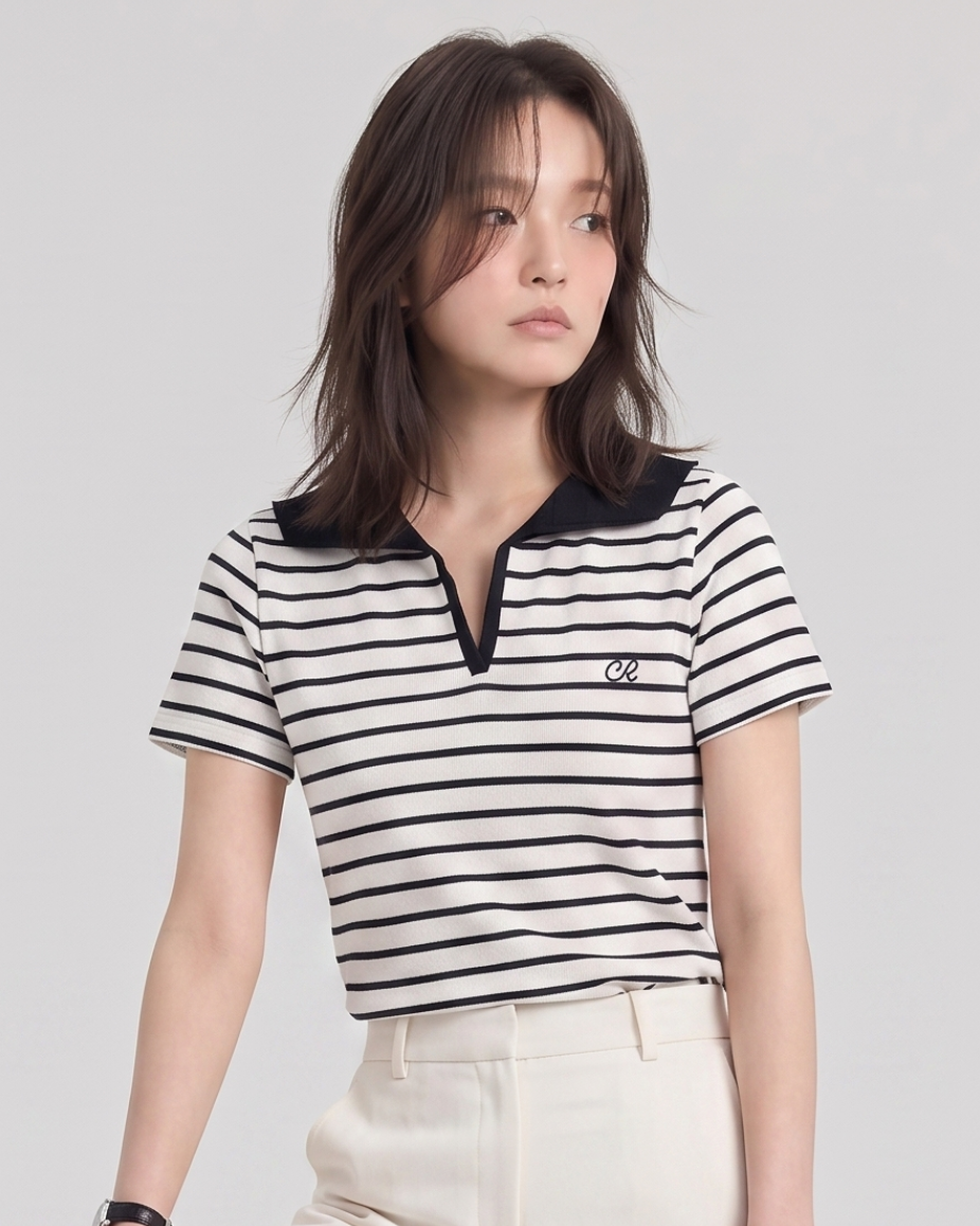 セーラー襟 配色ボーダー Vネック 半袖Tシャツ