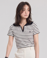 セーラー襟 配色ボーダー Vネック 半袖Tシャツ