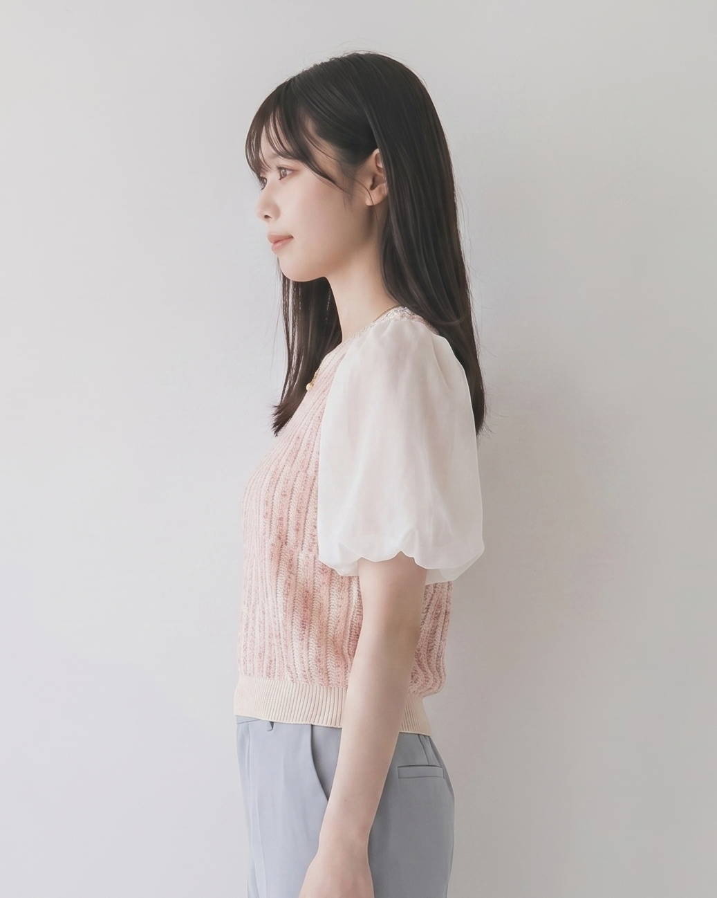 ライトベージュ×ピンクミックス 縦リブ切替 パフスリーブ 半袖ニット