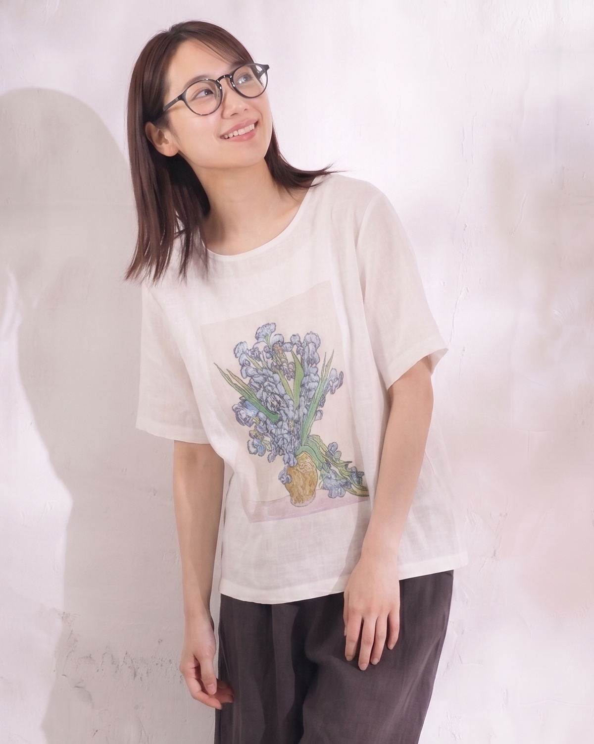 ゆったりカジュアルクルーネックフラワープリント半袖Tシャツ