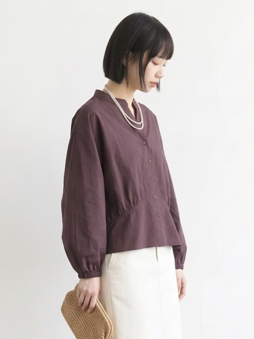 S~XL スタンドカラー ウエストシェイプ バルーンスリーブブラウス