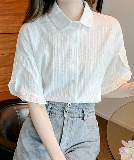 立体縦リブ フリルスリーブ ゆったりシャツ
