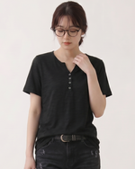 深V前立てボタン付き すっきり細見え 半袖Tシャツ