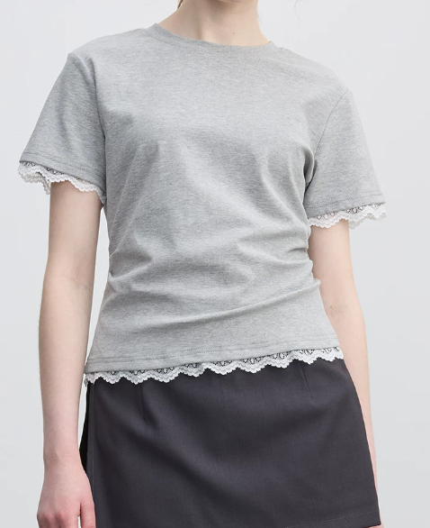 バックオープン リボン結び レース切替 クルーネック 半袖Tシャツ