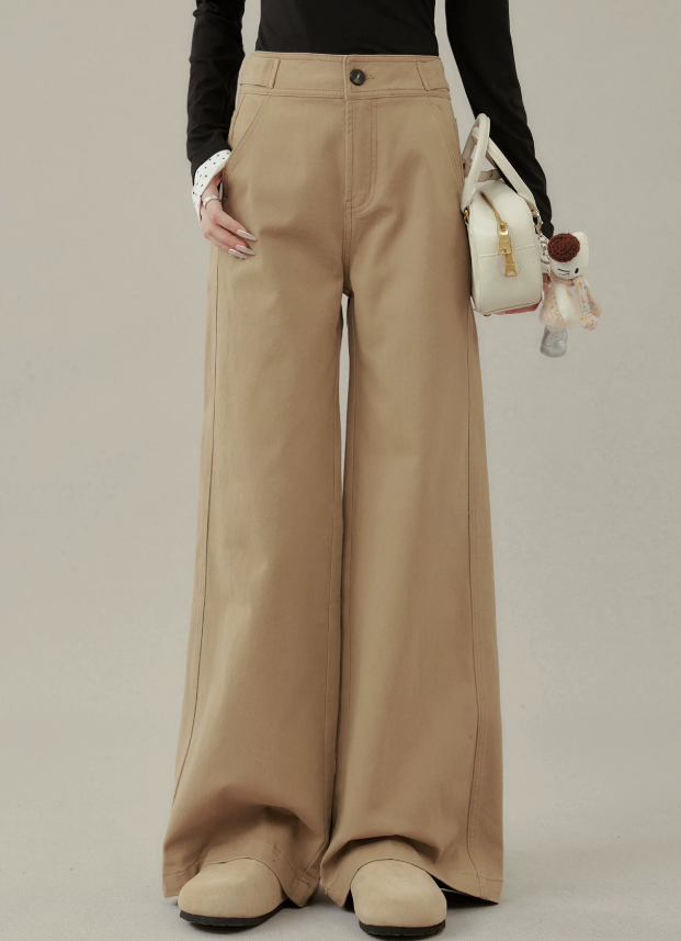 ハイウエスト ダブルボタンウエスト ストレートワイドパンツ