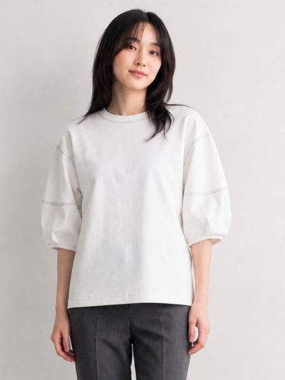 【全2色】M~XL 配色ステッチ パフスリーブスウェット
