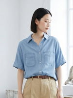 M~2XL ブルー ルーズフィット オープンカラー ダブルポケットシャツ