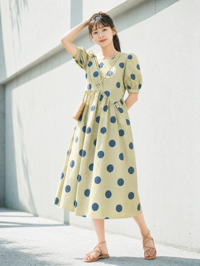XS~XL ライトグリーン 大きめドット パフスリーブ ウエストシェイプワンピース