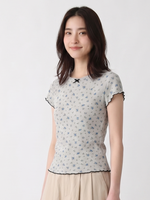 小花柄ジャカード リボンネック ニットTシャツ