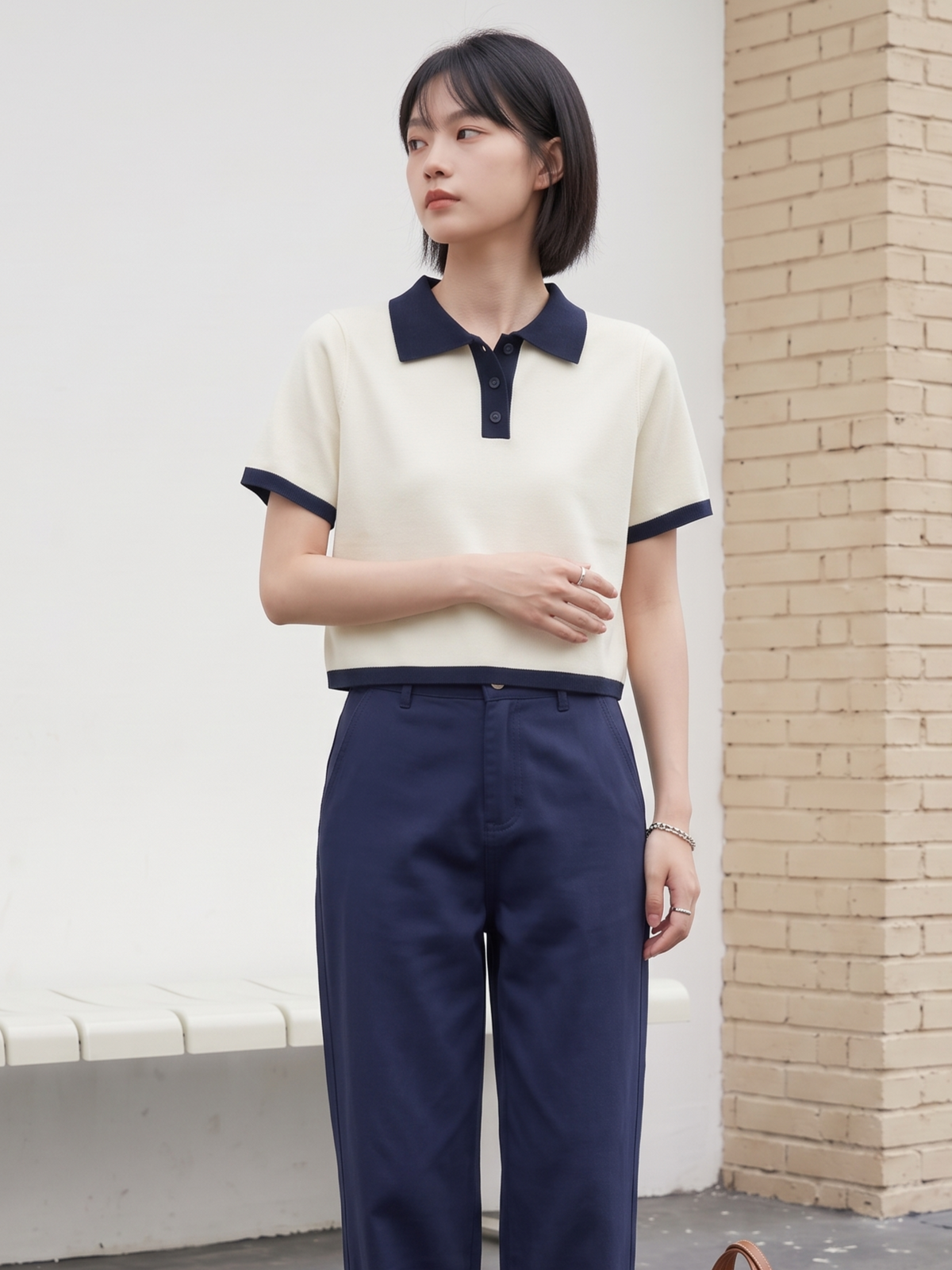 配色POLO襟ショート丈ニットトップス