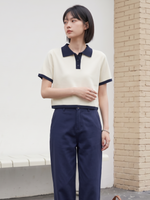 配色POLO襟ショート丈ニットトップス