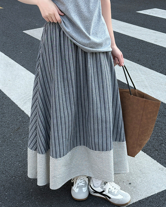 縦ストライプ 切替 配色パイピング Aラインフレアスカート