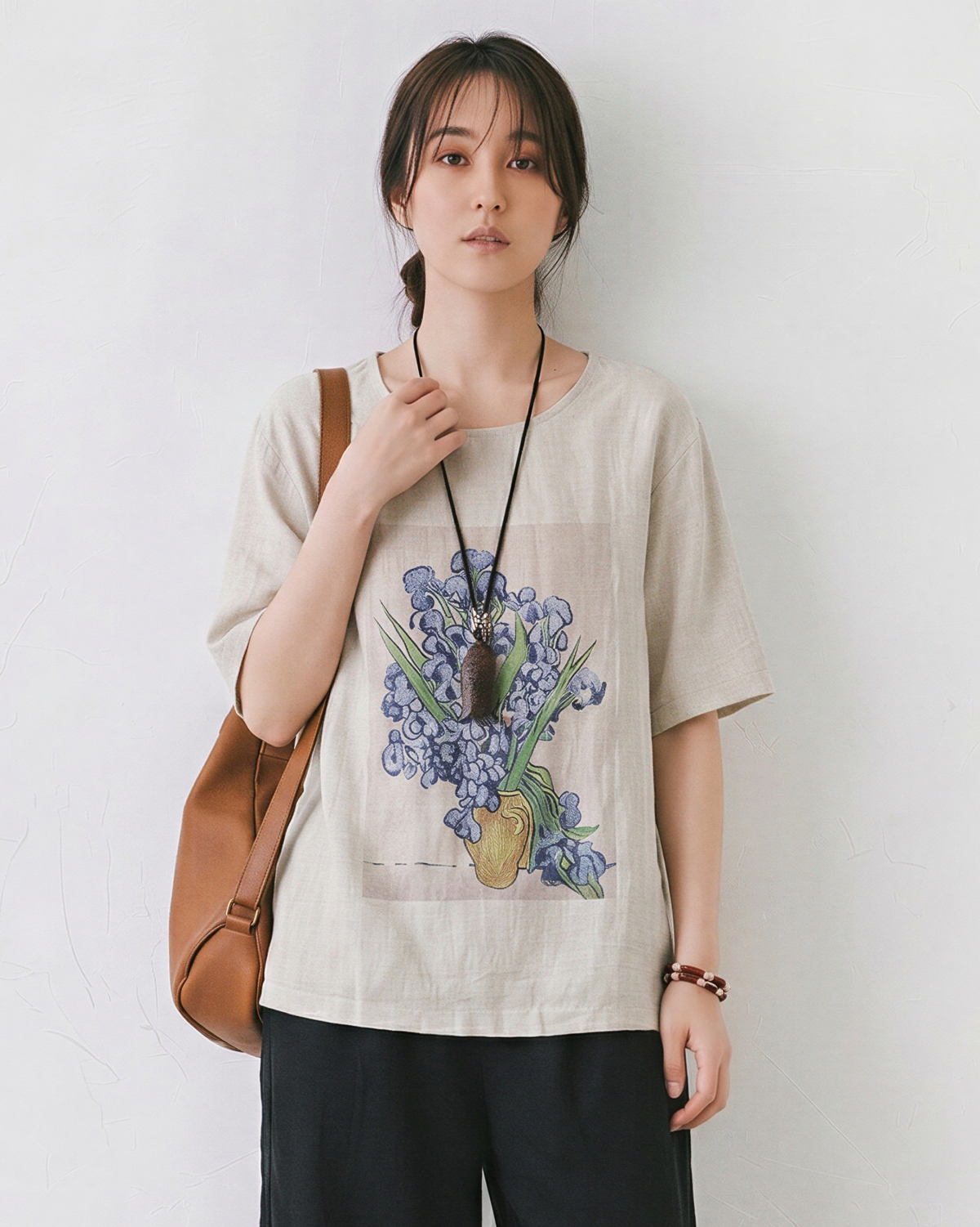 グレー クルーネック フラワープリント ゆったり 半袖Tシャツ