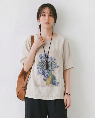 グレー クルーネック フラワープリント ゆったり 半袖Tシャツ