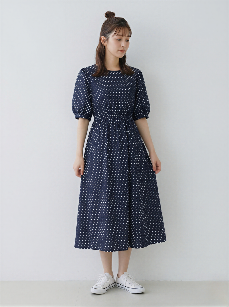 【全2色】S~XL ラウンドネック パフスリーブ ウエストシェイプ Aライン 半袖ワンピース