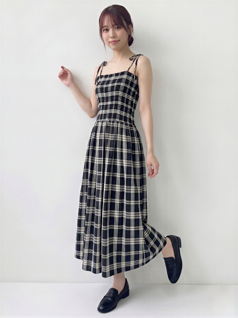 ブラック×ライトベージュ チェック柄 リボンストラップ ウエストシェイプ キャミワンピース