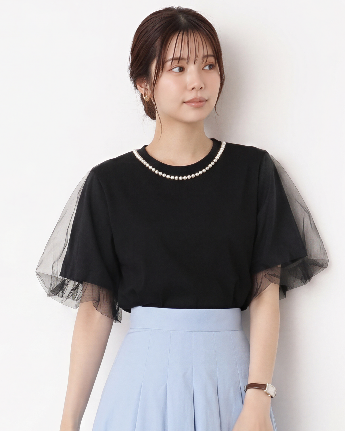 パール風襟飾り チュールフリルスリーブ ゆったり半袖Tシャツ