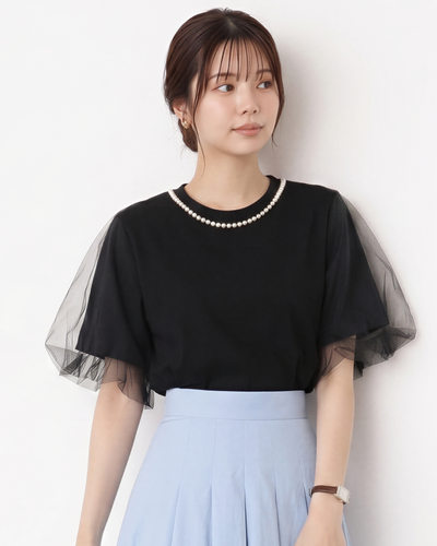 パール風襟飾り チュールフリルスリーブ ゆったり半袖Tシャツ