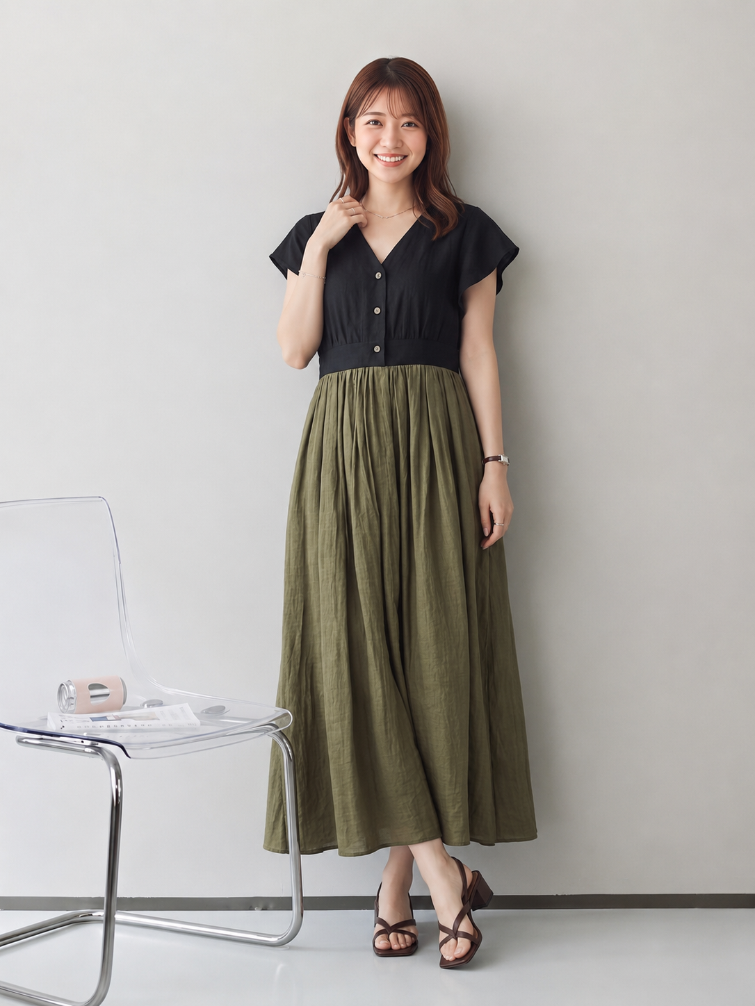 S~L ウエストシェイプ切り替えフレアスリーブVネックワンピース