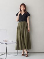 S~L ウエストシェイプ切り替えフレアスリーブVネックワンピース