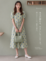 ライトグリーン 大きめドット パフスリーブ ウエストシェイプワンピース