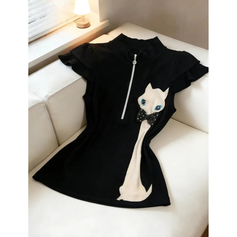 ハーフジップ スタンドカラー フリル袖 猫モチーフ 半袖Tシャツ