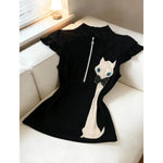 ハーフジップ スタンドカラー フリル袖 猫モチーフ 半袖Tシャツ