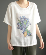 グレー クルーネック フラワープリント ゆったり 半袖Tシャツ