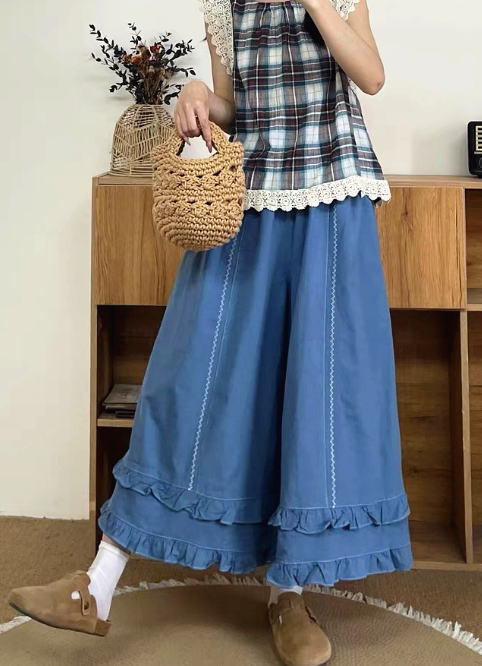 ウエストゴム ハイウエスト 切替ステッチ フリル裾 ワイドパンツ