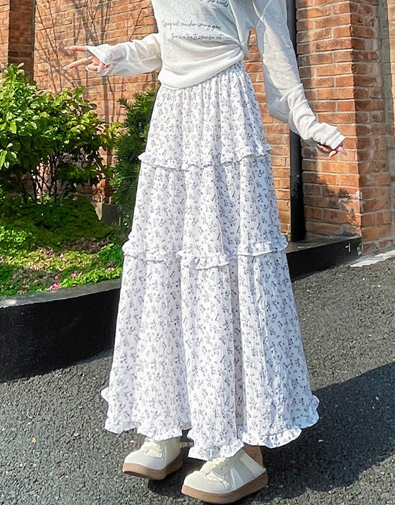 ウエストゴム ハイウエスト 3段ティアード 小花柄 ロングスカート