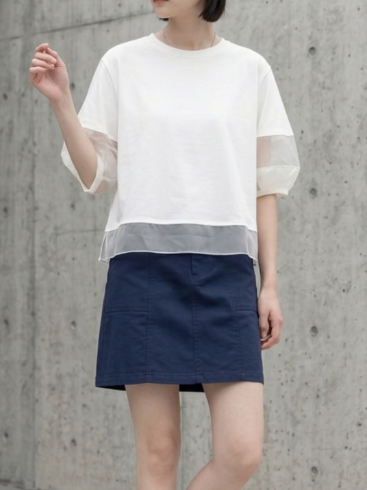 オーガンジー切り替えパフスリーブTシャツ