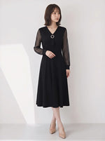【秋新作】M~5XL Vネック ウエストマーク チュールスリーブ レースワンピース