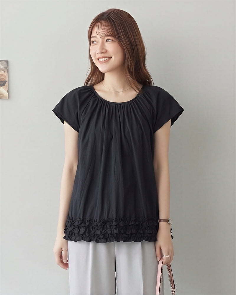 S～4XL ギャザー入りラウンドネック ペプラムヘムデザイン T シャツ
