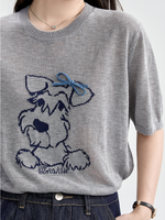 萌えおもしろ子犬刺繍！柔らか肌触りグレー半袖デザイン感ラウンドネックゆったりトップス