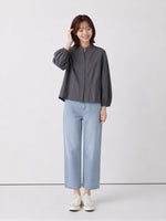 S~XL スタンドカラー ウエストシェイプ バルーンスリーブブラウス
