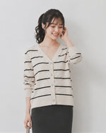 【秋新作】S~2XL Vネック ボーダー 透かし編み ニットカーディガン
