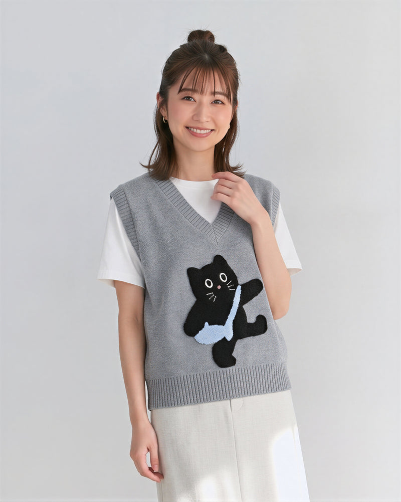猫ジャカードVネックゆったりニットベスト-アッシュグレー-XL