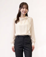 S~XL ドット柄 フリルハイネックブラウス