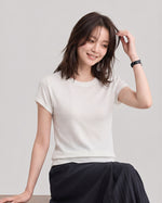 レディース テンセル クルーネック 半袖Tシャツ ベーシック 細身 カジュアル