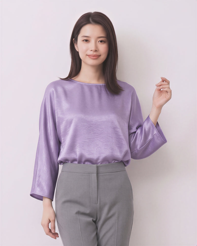 ジャカード光沢ゆったり七分袖Tシャツ-パープル-XL