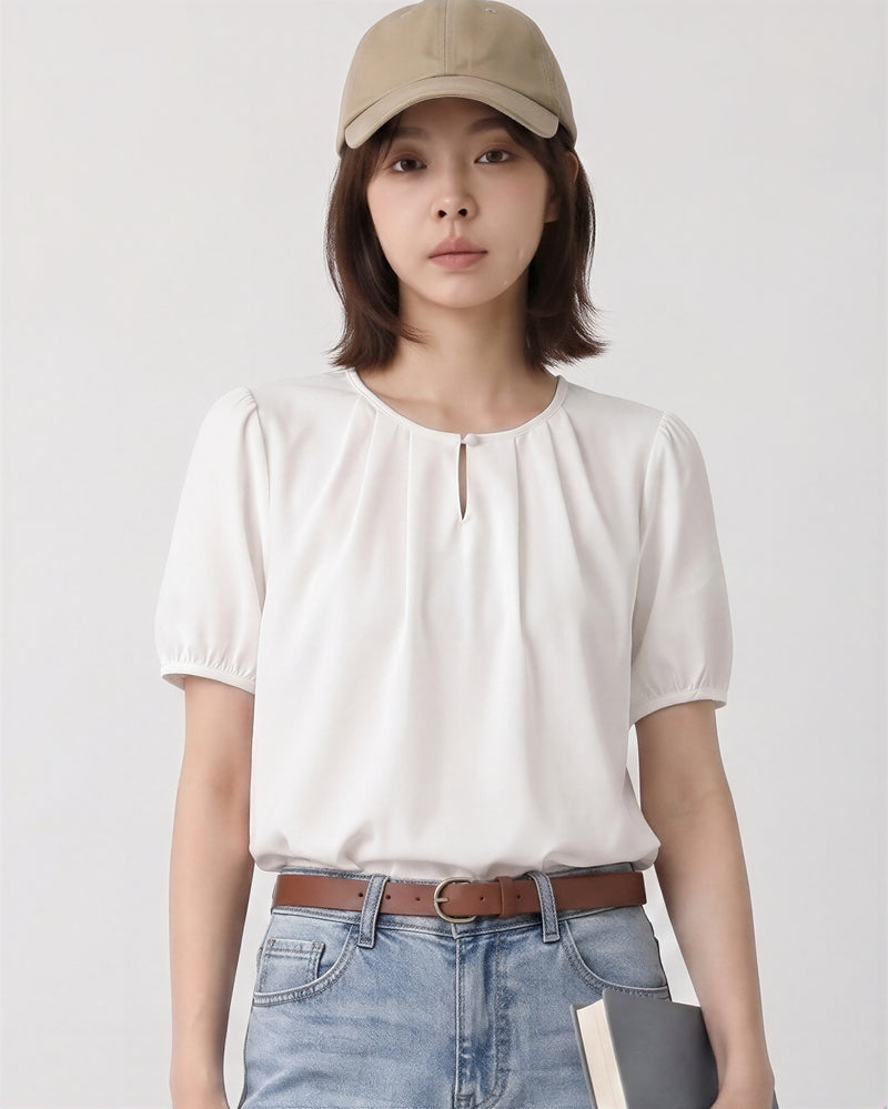 ラウンドネック カットアウト パフスリーブTシャツ