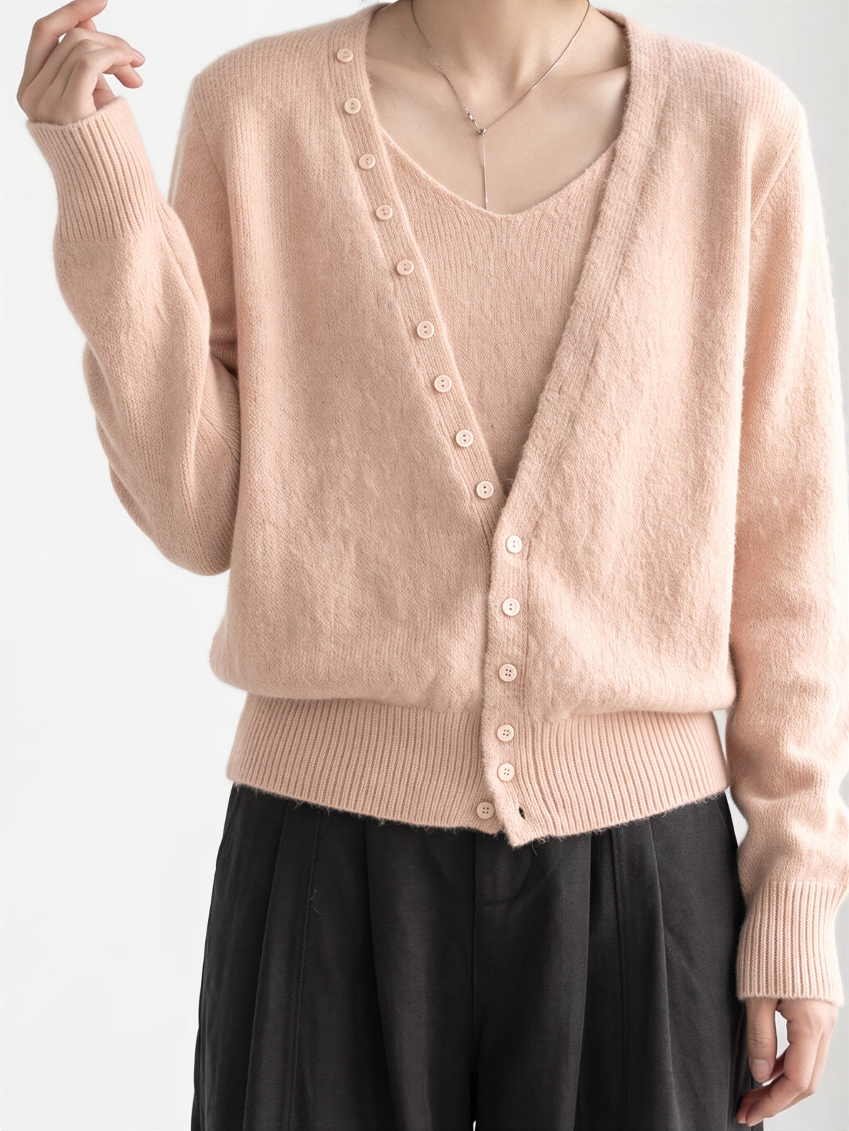 6色展開｜Vネック・レイヤード風ニットワンピース
