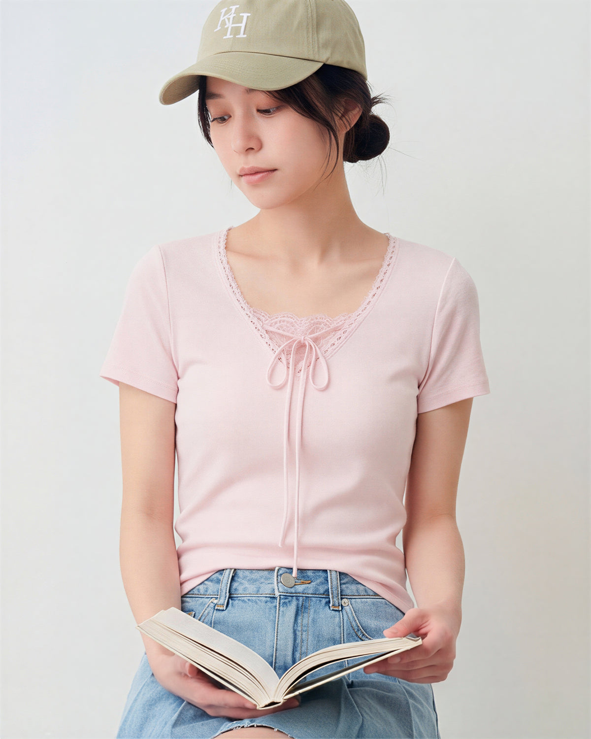 スクエアネック レーストリム リボン付き くびれ見え 半袖Tシャツ