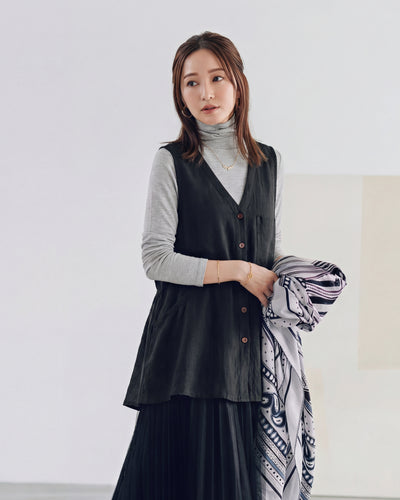 Vネック 前ボタン 裾微フレア ベスト-ブラック-2XL